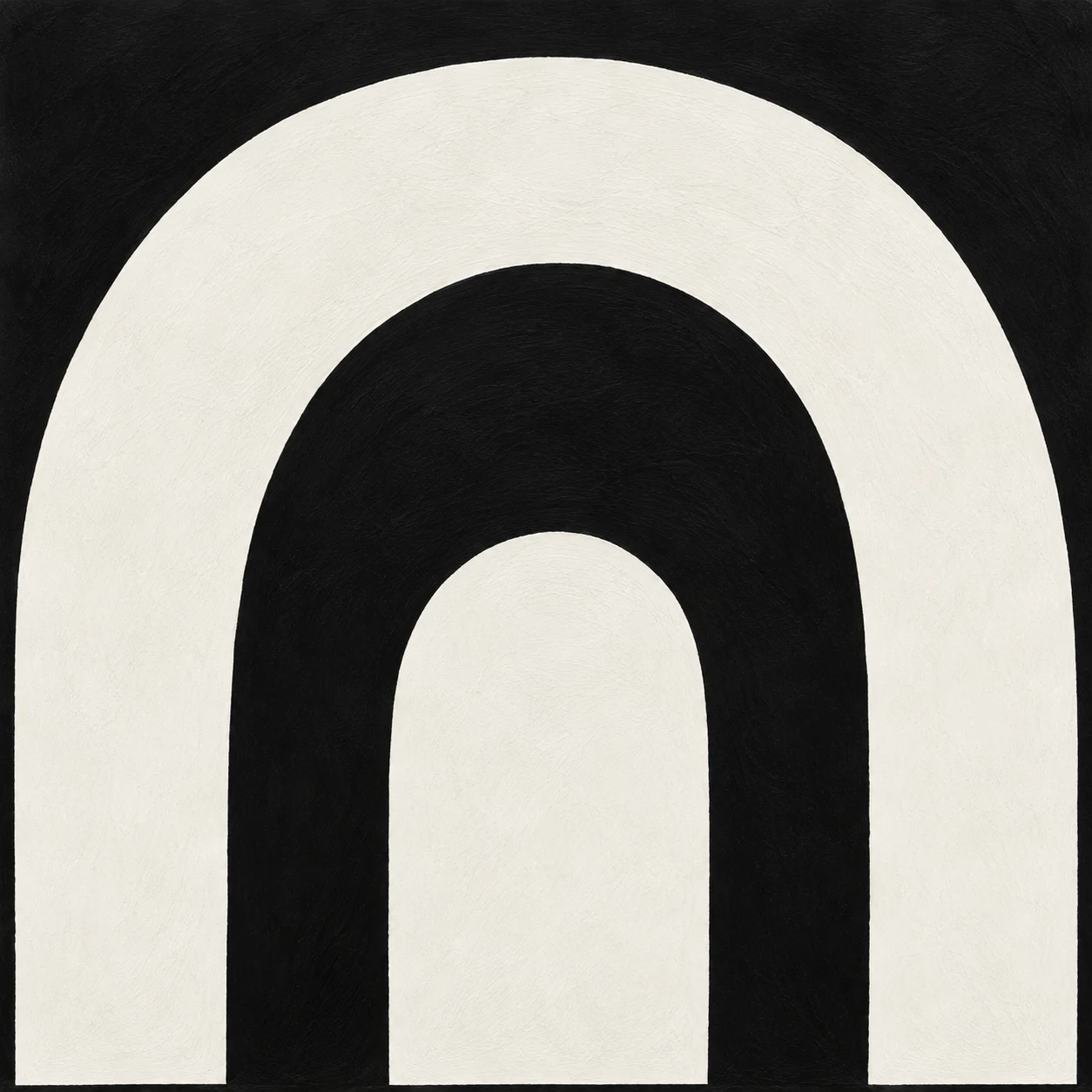 Three nested arches in white, black, cream; square artwork.