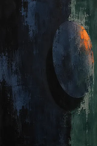 One oval and its shadow in black, navy, charcoal; portrait artwork.