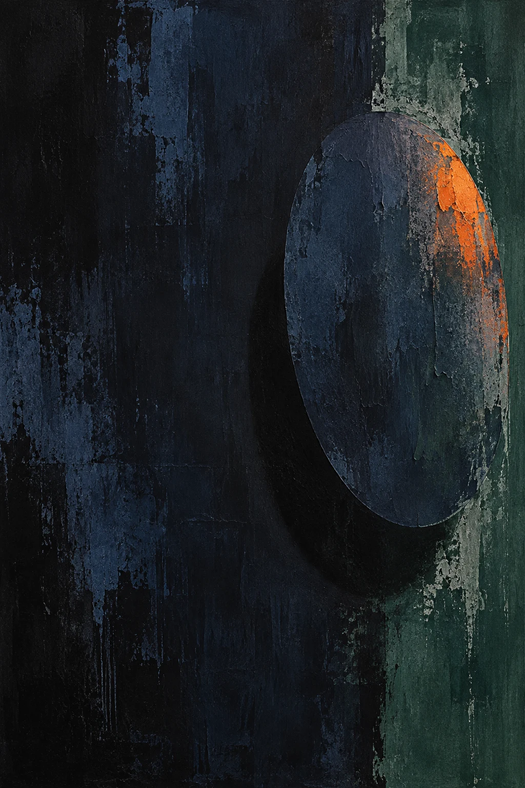 One oval and its shadow in black, navy, charcoal; portrait artwork.