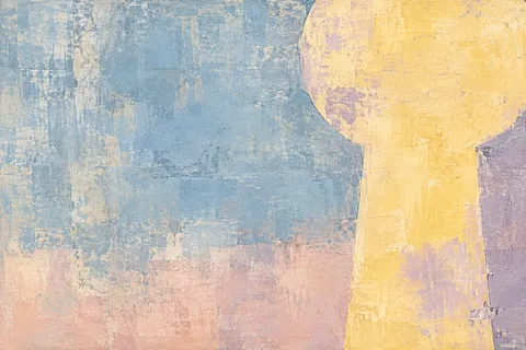 An off-center keyhole shape in cream, sky blue, stone; landscape artwork.