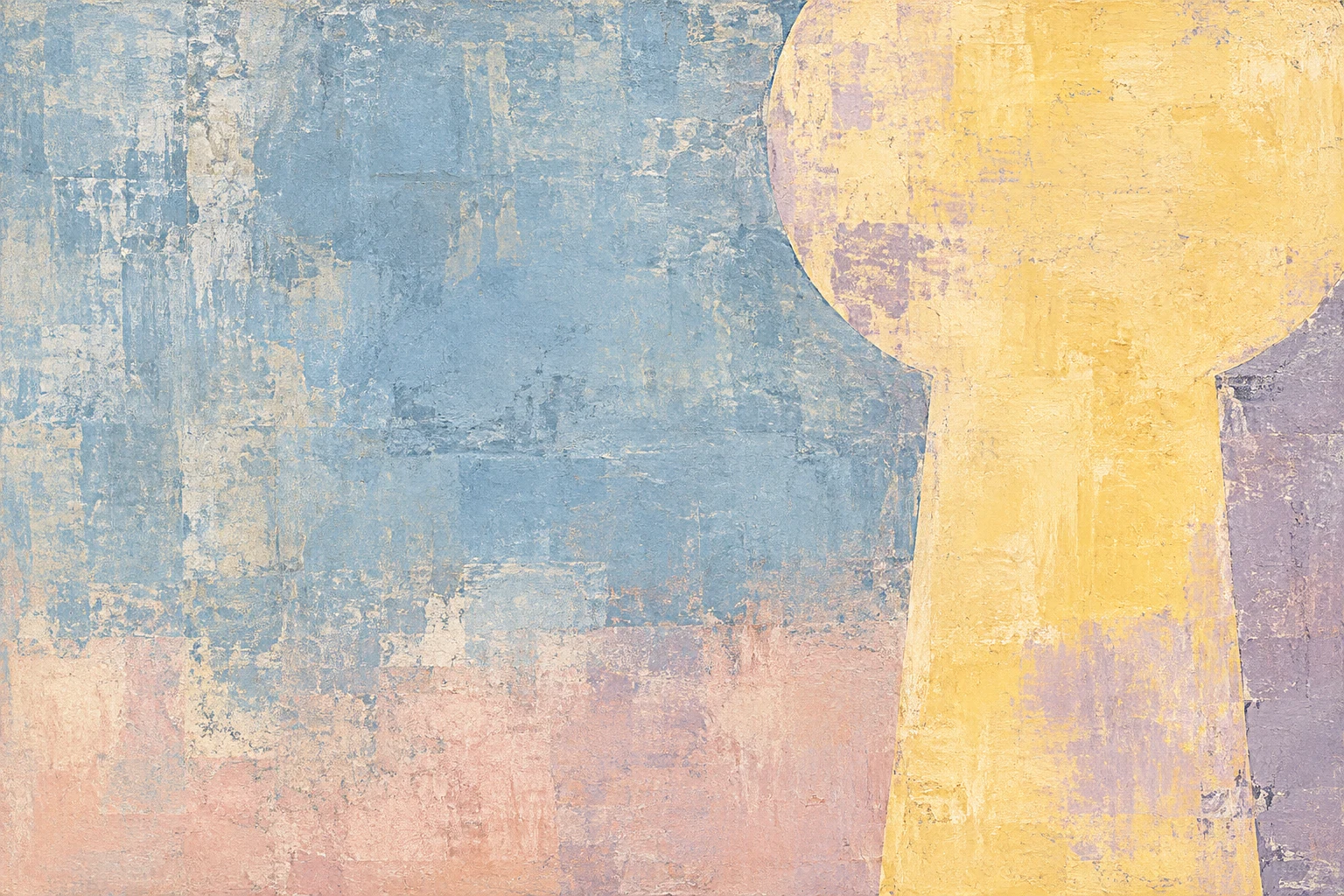 An off-center keyhole shape in cream, sky blue, stone; landscape artwork.