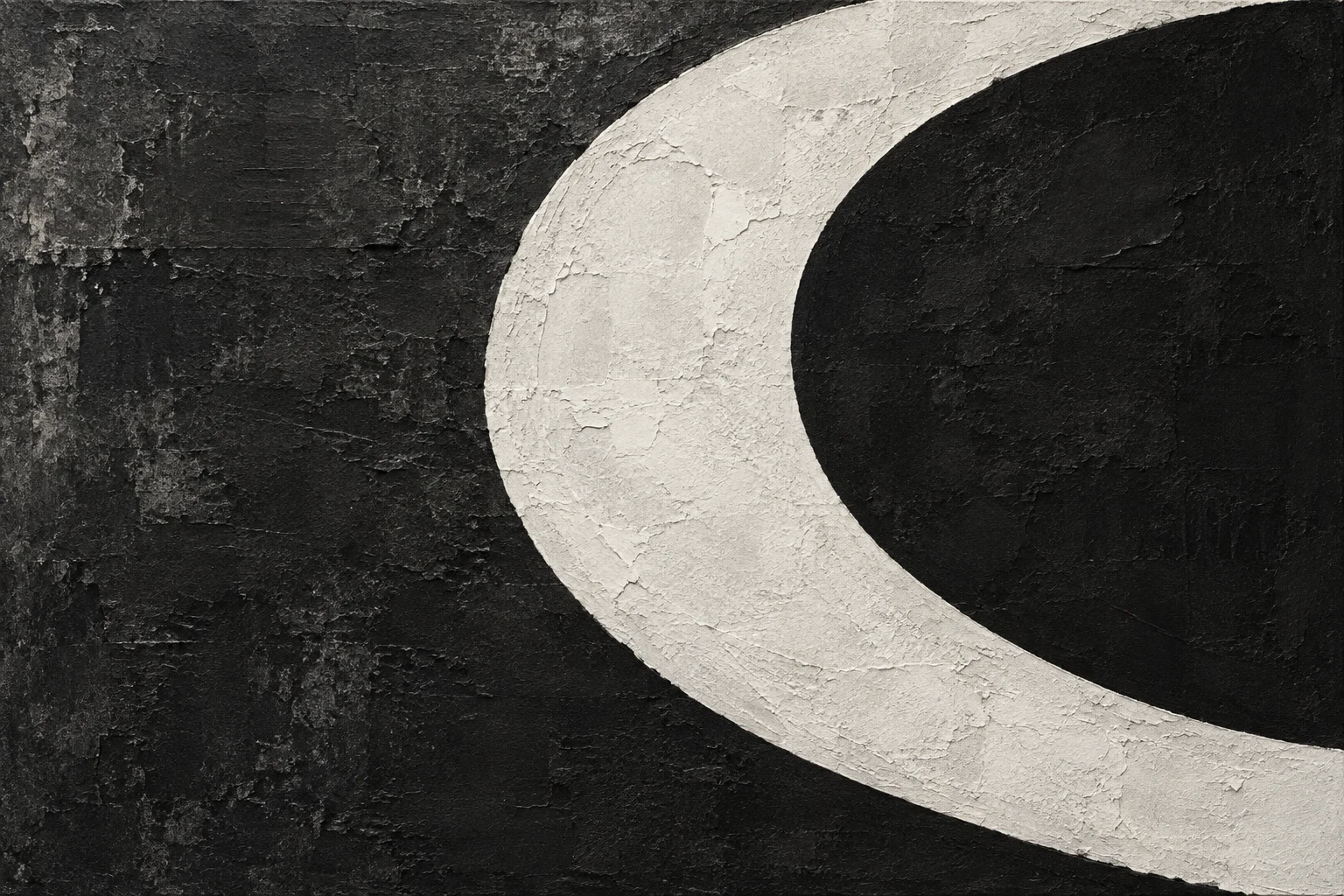 A single crescent on an open ground in black, cream, charcoal, stone; landscape artwork.
