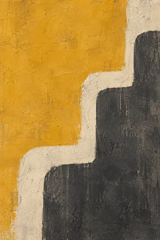 A stepped profile in flat color in orange, charcoal, stone; portrait artwork.