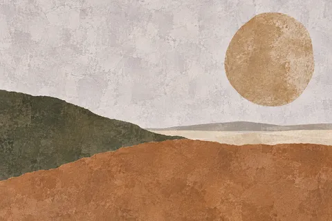 One dot far off-center in a vast field in cream, ochre, stone, terracotta; landscape artwork.
