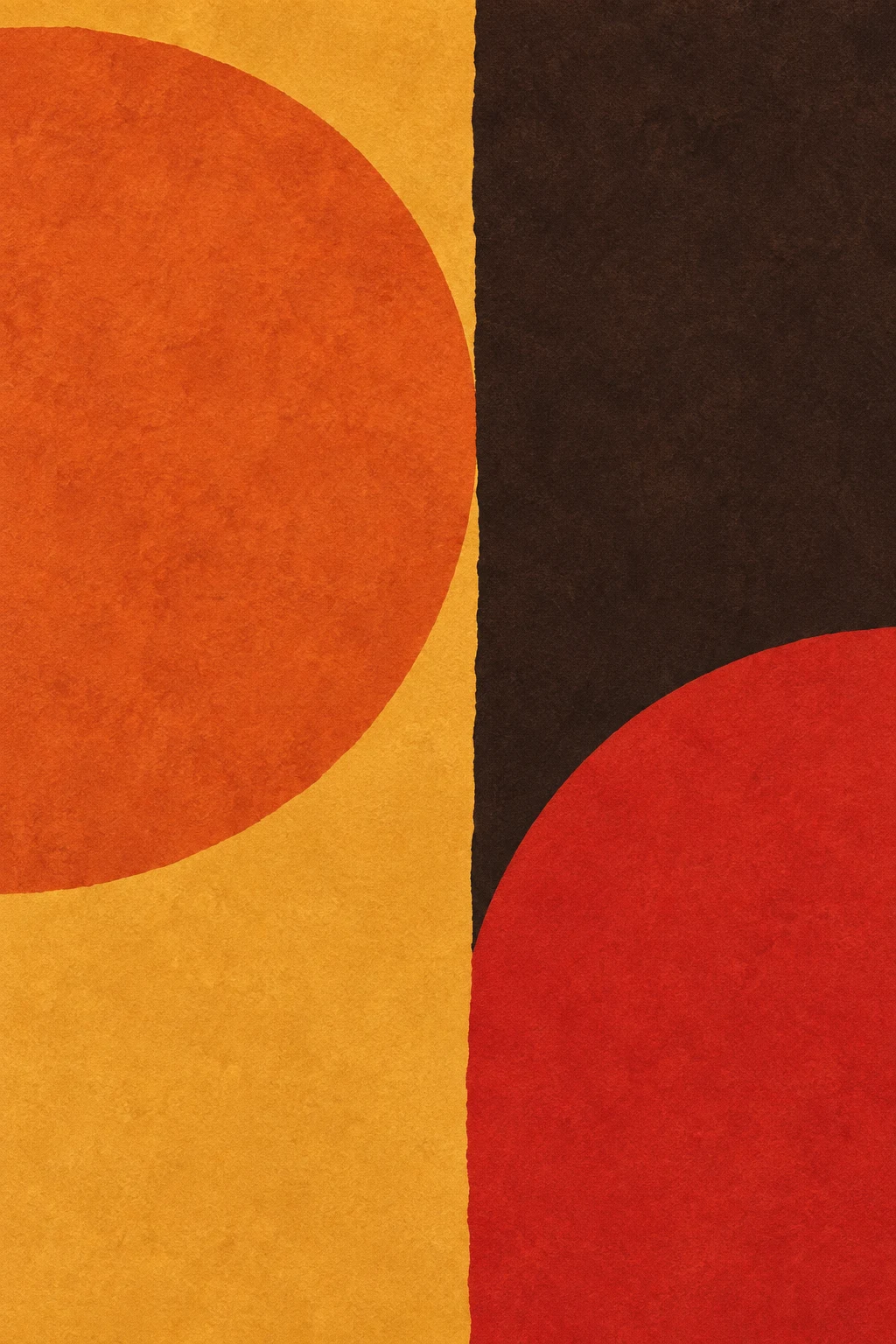 A single vertical line dividing the field unevenly in terracotta, orange, black, red; portrait artwork.
