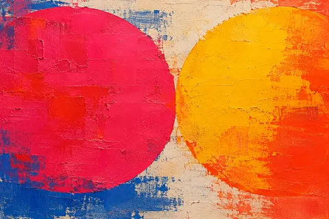Two circles nearly touching in red, yellow, orange, taupe; landscape artwork.