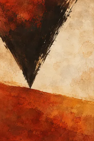 One triangle balanced on a point in rust, black, stone, cream; portrait artwork.
