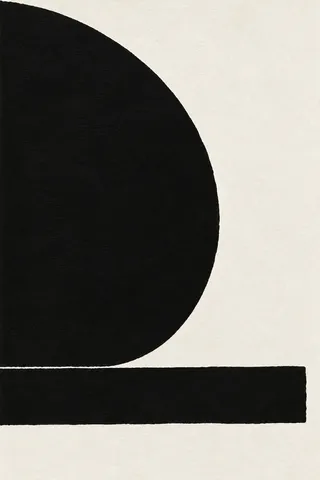 A half-circle resting on a line in black, white; portrait artwork.