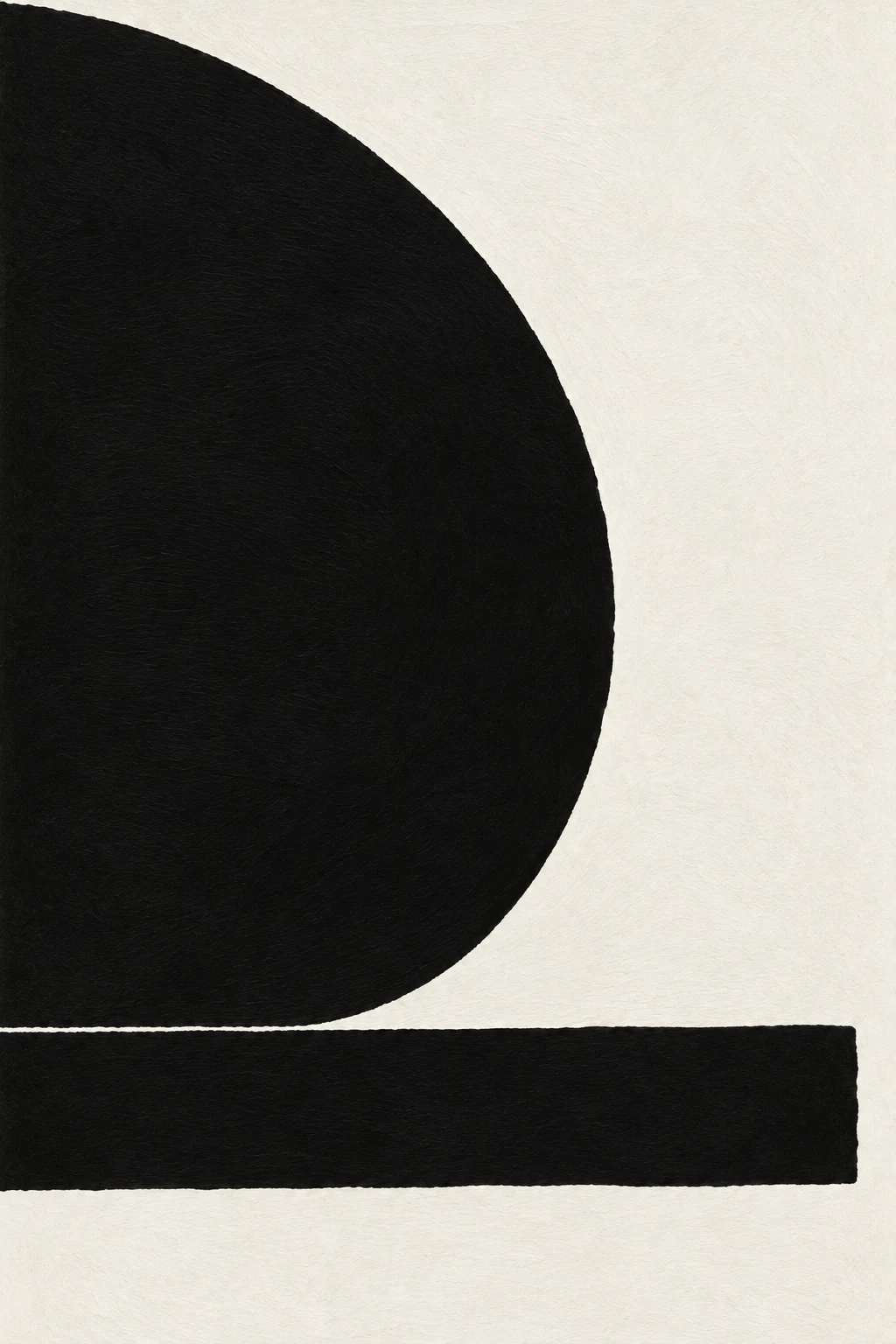 A half-circle resting on a line in black, white; portrait artwork.