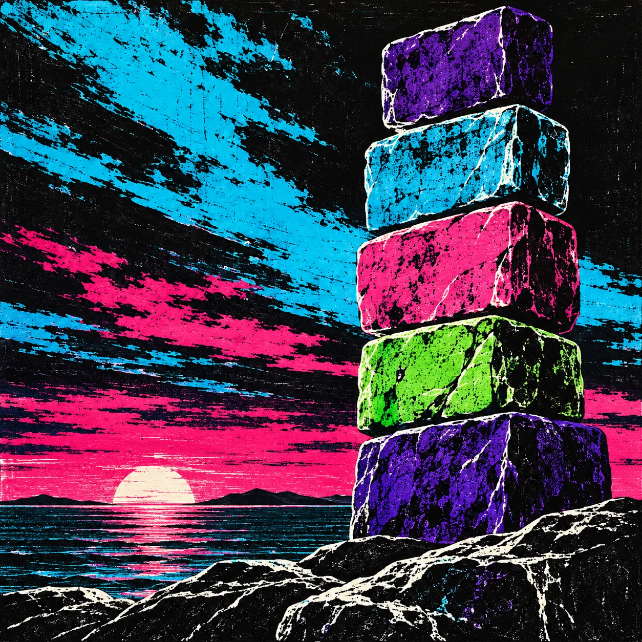 A column of five stacked bars in black, navy, red, sky blue; square artwork.