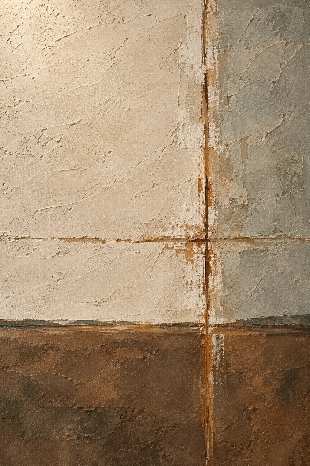 A cross of two thin lines, off-center in stone, brown, sage, cream; portrait artwork.