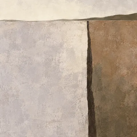 A single vertical line dividing the field unevenly in stone, cream, taupe, brown; square artwork.
