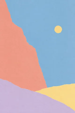 One dot far off-center in a vast field in sky blue, blush, cream; portrait artwork.