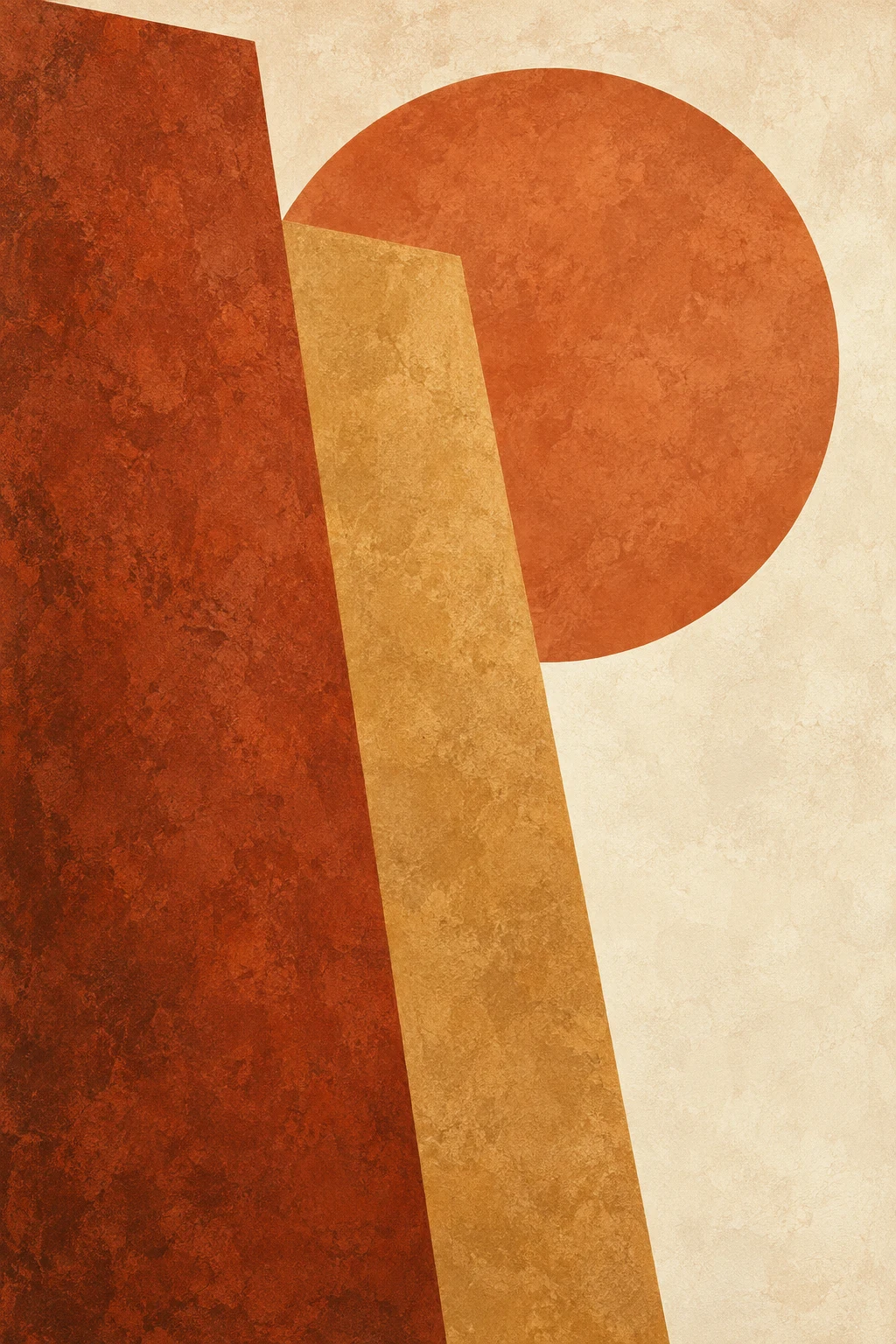 A pair of leaning bars in cream, rust, orange, red; portrait artwork.