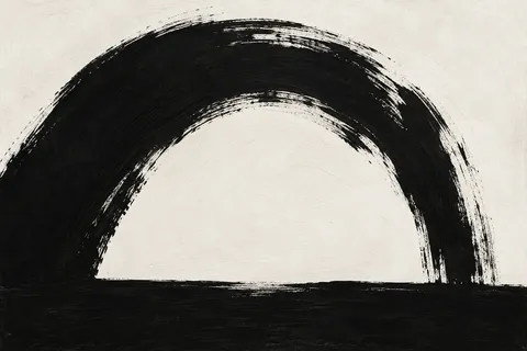 One arch standing on a flat base in black, cream, stone; landscape artwork.