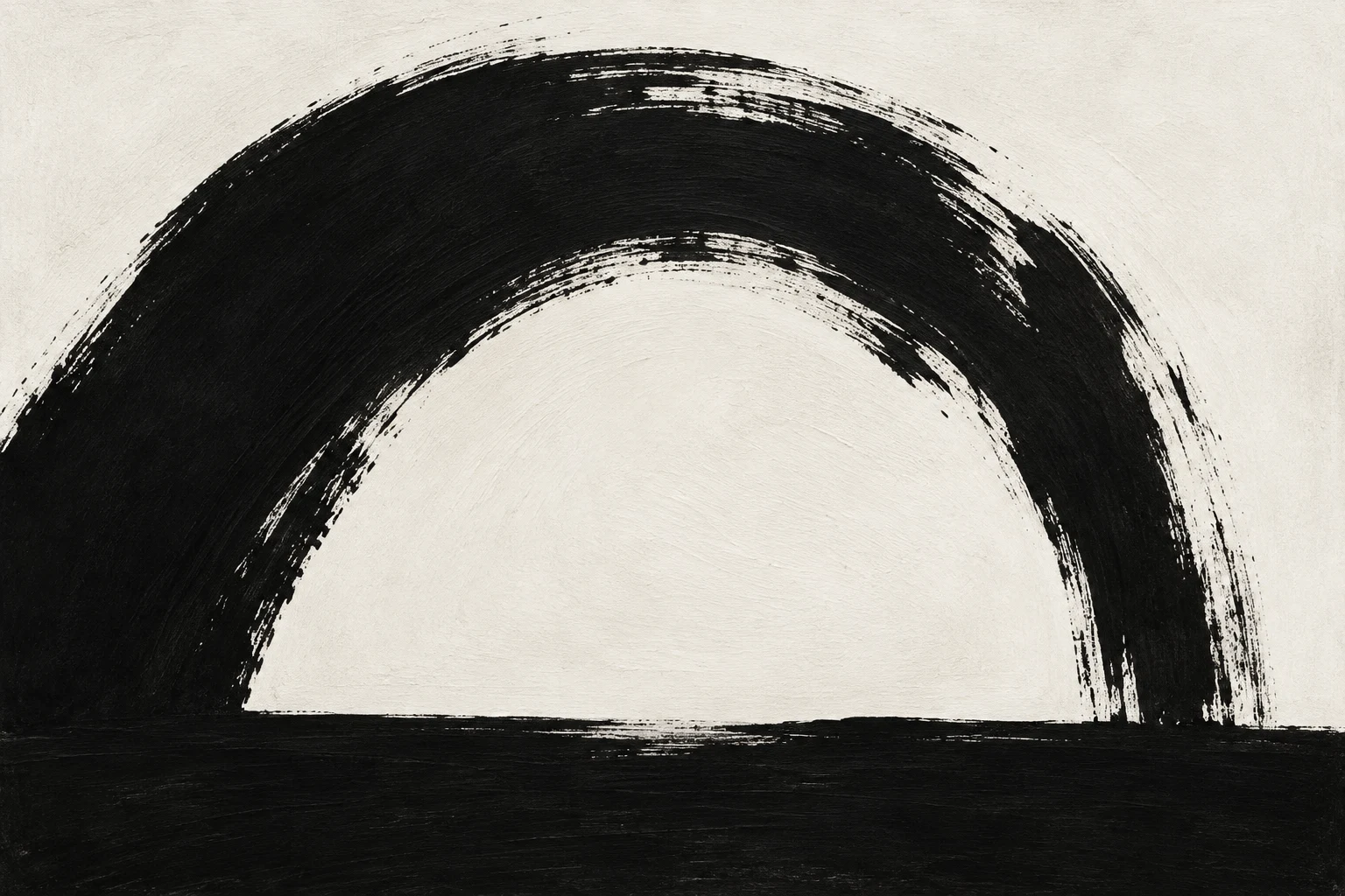 One arch standing on a flat base in black, cream, stone; landscape artwork.