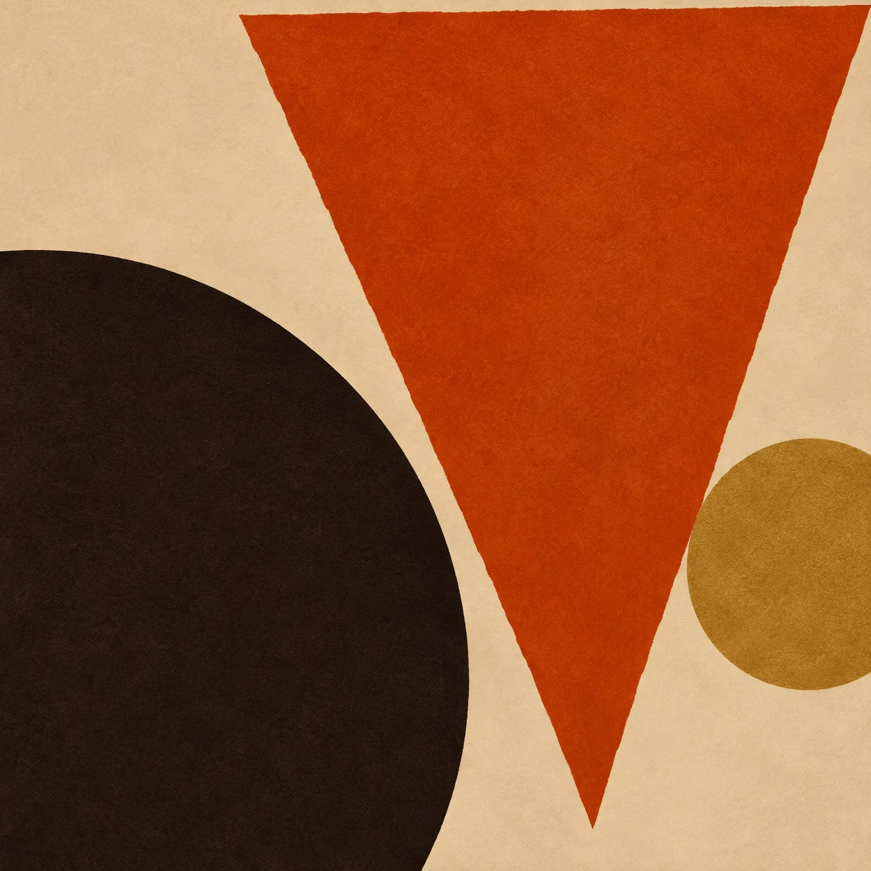 One triangle balanced on a point in black, red, stone, terracotta; square artwork.