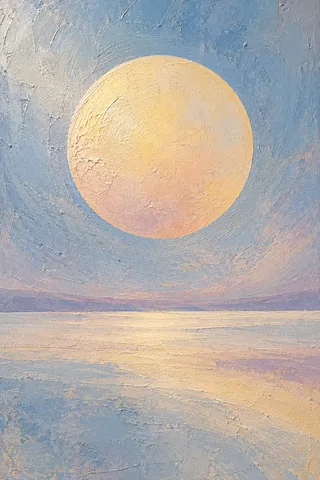 One perfect circle high in an empty field in stone, gray, lavender, cream; portrait artwork.