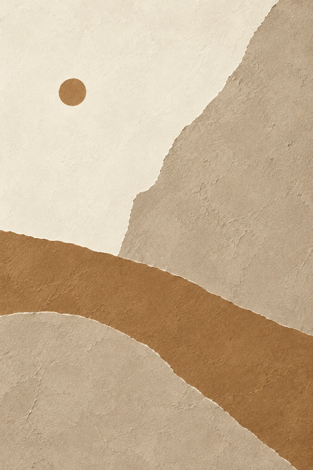 One dot far off-center in a vast field in sand, cream, ochre; portrait artwork.