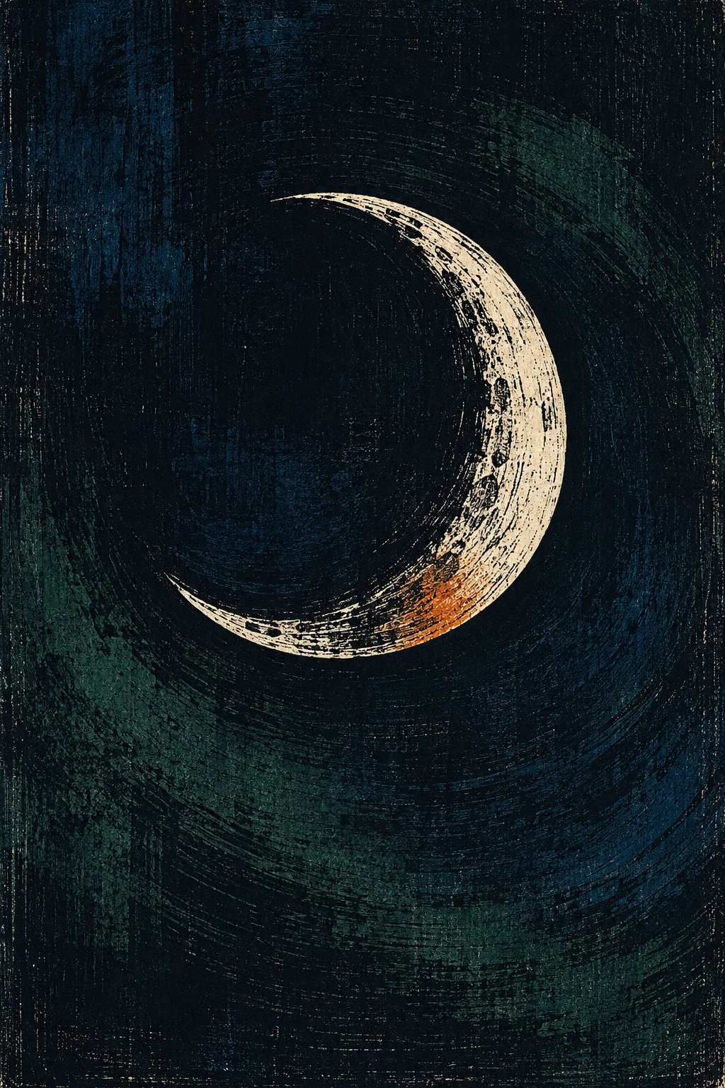 A single crescent on an open ground in black, charcoal; portrait artwork.