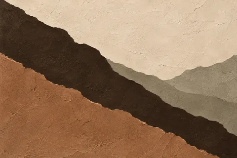 One long diagonal cutting corner to corner in cream, terracotta, burgundy, black; landscape artwork.
