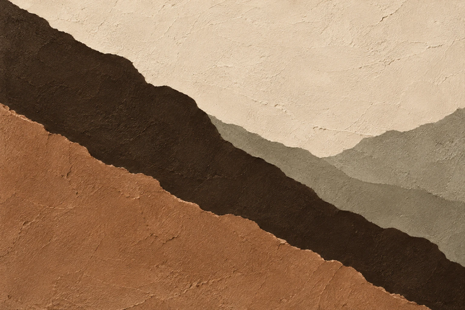 One long diagonal cutting corner to corner in cream, terracotta, burgundy, black; landscape artwork.