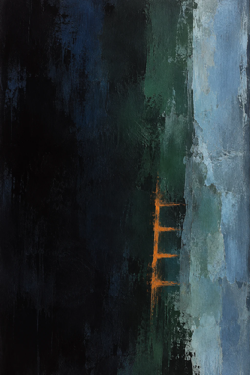 A ladder of four rungs in black, blue, gray, charcoal; portrait artwork.