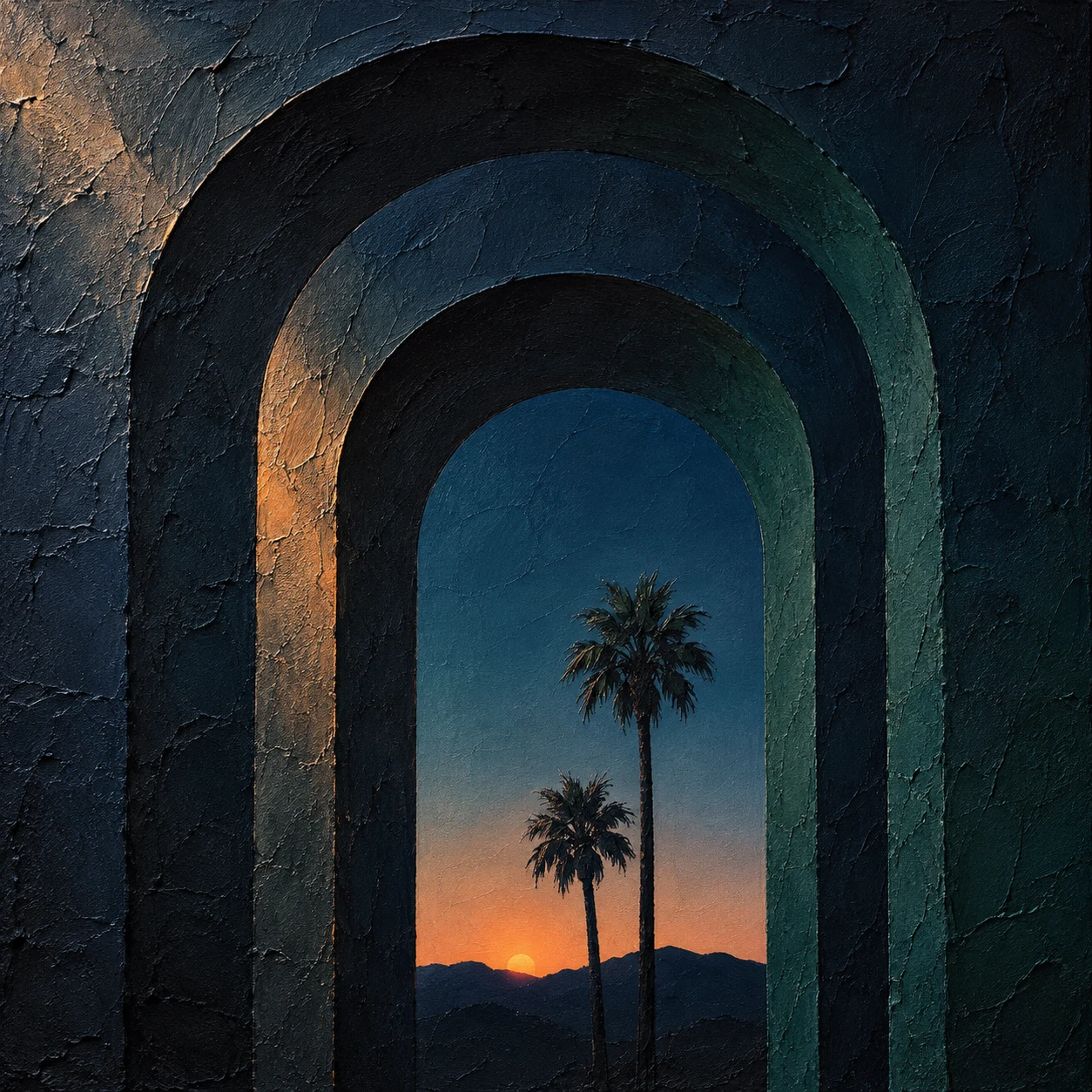 Three nested arches in black, navy, olive; square artwork.