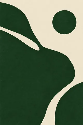 One perfect circle high in an empty field in forest green, cream; portrait artwork.