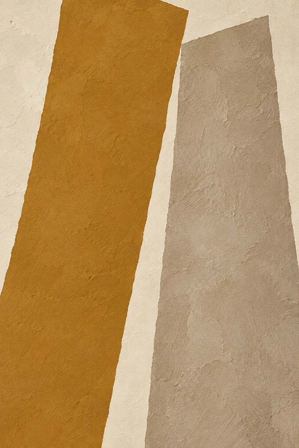 A pair of leaning bars in ochre, sage, sand, cream; portrait artwork.