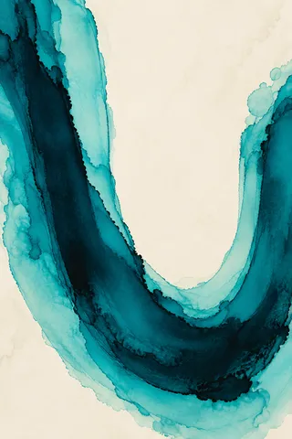 A single wide U shape in white, sky blue, black, teal; portrait artwork.