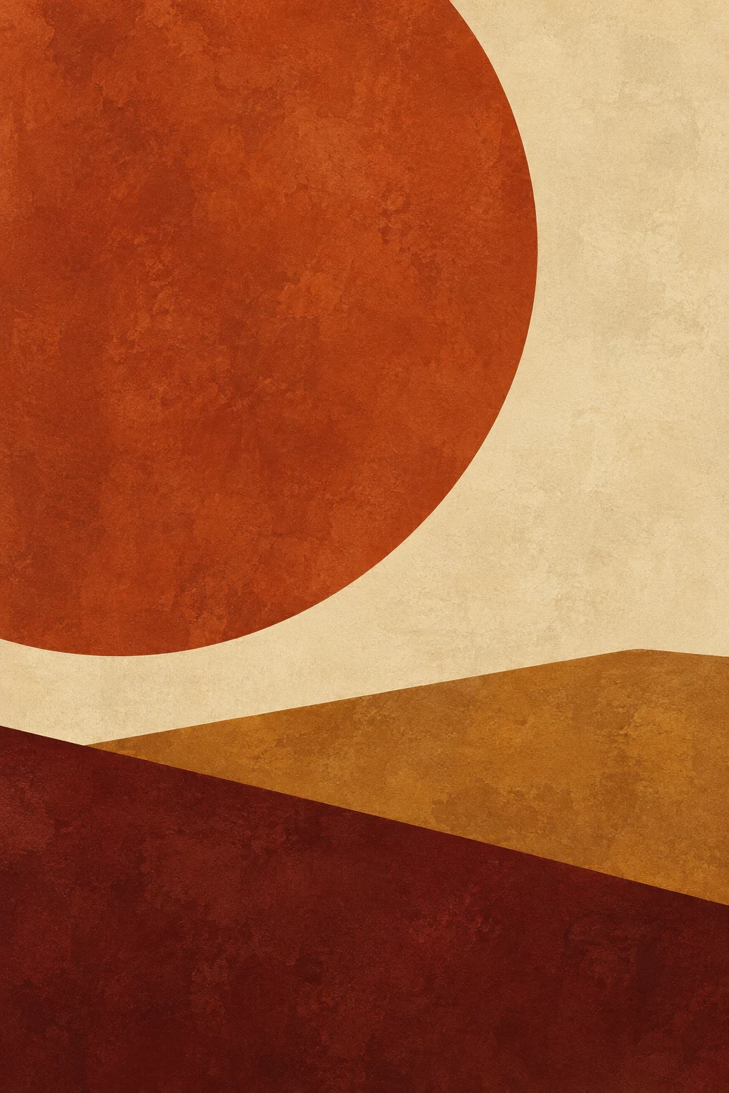 One perfect circle high in an empty field in red, burgundy, cream, terracotta; portrait artwork.