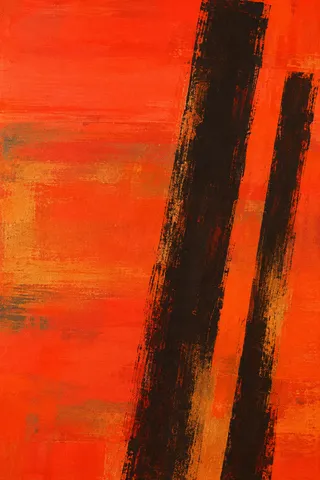 A pair of leaning bars in red, black, orange, burgundy; portrait artwork.