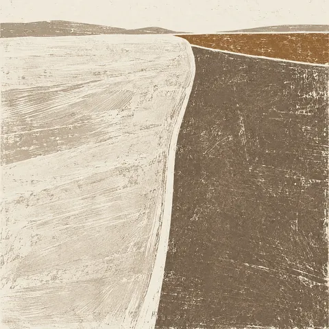 A single vertical line dividing the field unevenly in cream, olive, taupe, sand; square artwork.