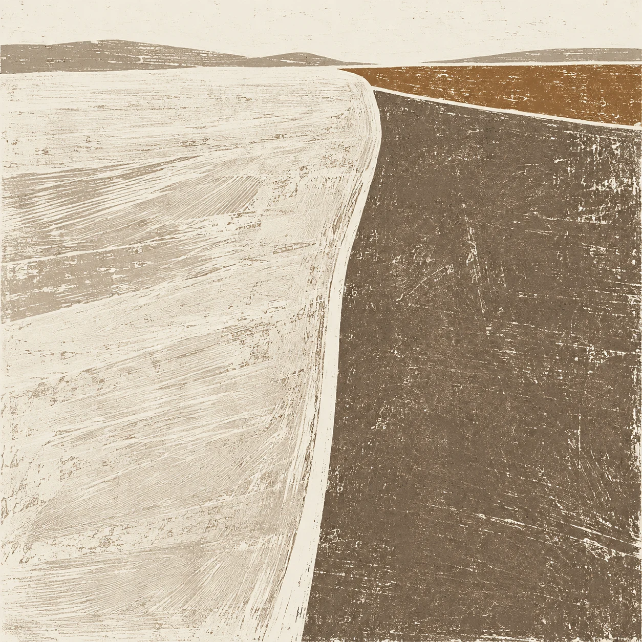 A single vertical line dividing the field unevenly in cream, olive, taupe, sand; square artwork.