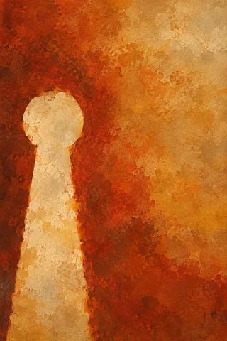 An off-center keyhole shape in orange, red, rust, terracotta; portrait artwork.