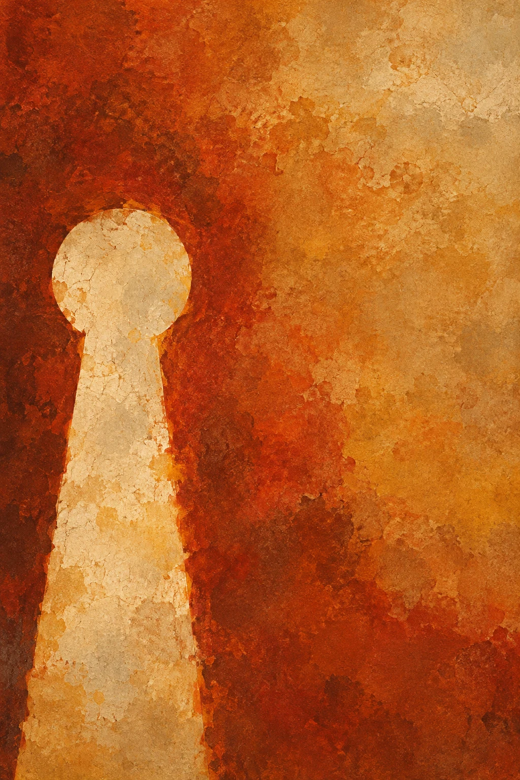 An off-center keyhole shape in orange, red, rust, terracotta; portrait artwork.