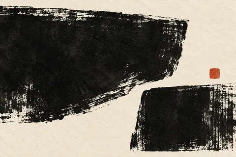 Two rectangles of unequal weight in black, cream, charcoal, stone; landscape artwork.