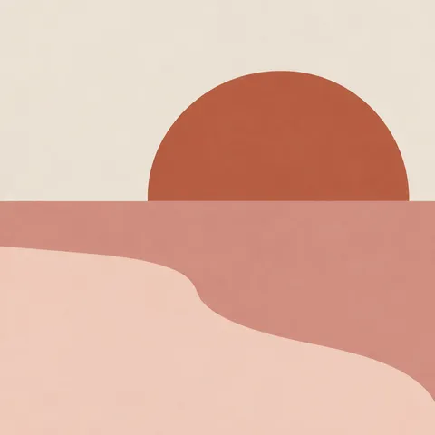 A half-circle resting on a line in cream, blush, terracotta; square artwork.