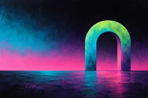 One arch standing on a flat base in black, pink, blue, navy; landscape artwork.