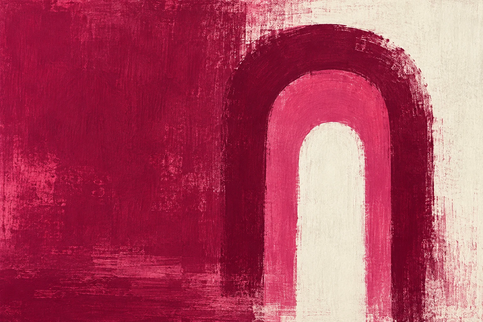 Three nested arches in red, rust, cream, burgundy; landscape artwork.