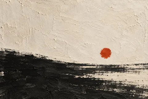A thin horizon set very low in cream, black, stone, olive; landscape artwork.