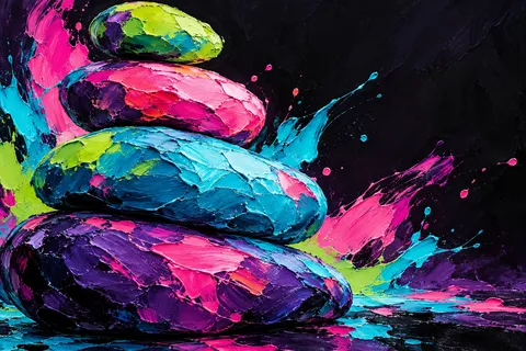 A stack of river stones, oversized in black, red, navy, sky blue; landscape artwork.