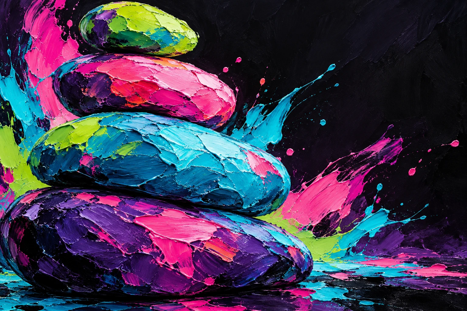 A stack of river stones, oversized in black, red, navy, sky blue; landscape artwork.