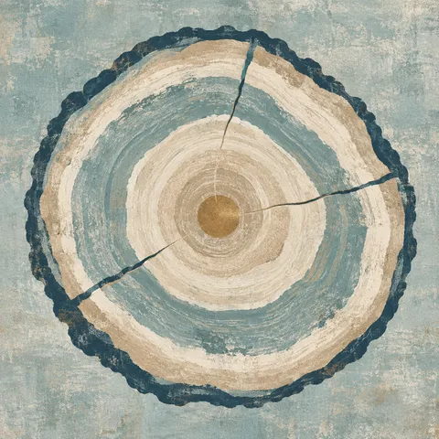 A cross-section of a tree trunk with its rings in stone, gray, cream, green; square artwork.