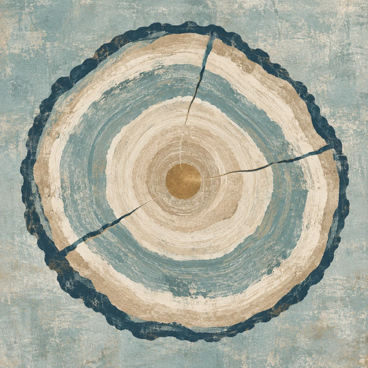 A cross-section of a tree trunk with its rings in stone, gray, cream, green; square artwork.