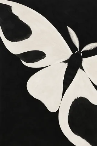 A moth with wings spread, filling the field in black, cream, stone; portrait artwork.