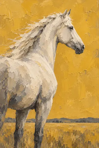 A horse in profile on an empty field in sand, yellow, cream, taupe; portrait artwork.
