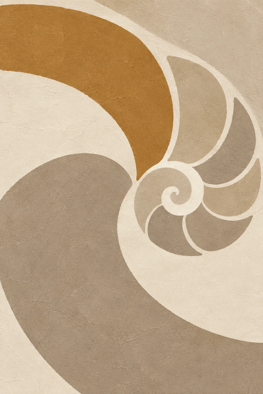 One nautilus in cross-section in sage, cream, ochre, stone; portrait artwork.