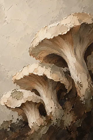 A cluster of mushrooms, oversized in stone, brown, cream, black; portrait artwork.